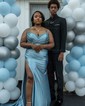Mermaid V-neck Ruched Satin Prom Dresses With Beading