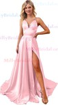 A-line V-neck Satin Prom Dresses With Ruched
