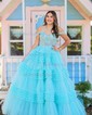 Ball Gown Sweetheart Tulle Ruffle Tiered Prom Dresses With Appliques