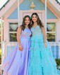Ball Gown Sweetheart Tulle Ruffle Tiered Prom Dresses With Appliques