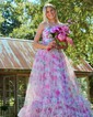Ball Gown Halter Tulle Floral Ruffle Tiered Prom Dresses