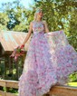 Ball Gown Halter Tulle Floral Ruffle Tiered Prom Dresses