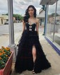 Ball Gown Strapless Tulle Ruffle Tiered Prom Dresses With Bow