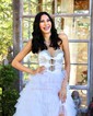 Ball Gown Strapless Tulle Ruffle Tiered Prom Dresses With Bow