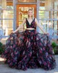 Ball Gown V-neck Tulle Two Piece Floral Prom Dresses With Ruffle
