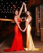 Mermaid V-neck Jersey Cut Out Beaded Prom Dresses