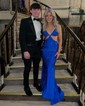 Mermaid V-neck Jersey Cut Out Beaded Prom Dresses