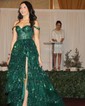 Ball Gown Off-the-shoulder Tulle Tiered Prom Dresses With Appliques