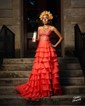 Ball Gown Strapless Chiffon Tiered Prom Dresses With Appliques
