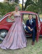 Ball Gown V-neck Glitter Floor-length Prom Dresses