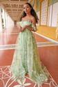 Ball Gown V-neck Tulle 3D Floral Prom Dresses
