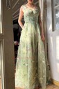 Ball Gown V-neck Tulle 3D Floral Prom Dresses