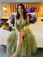 Ball Gown V-neck Tulle 3D Floral Prom Dresses
