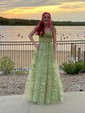 Ball Gown V-neck Tulle 3D Floral Prom Dresses