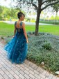 Ball Gown V-neck Tulle 3D Floral Prom Dresses