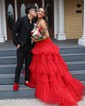 Ball Gown Strapless Tulle Ruffle Tiered Prom Dresses With Appliques
