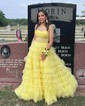 Ball Gown Strapless Tulle Ruffle Tiered Prom Dresses