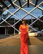 Red Sheath/Column Scoop Neck Satin Prom Dresses