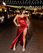 Sheath/Column Sweetheart Satin Corset Prom Dresses With Ruched