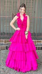 Ball Gown Halter Taffeta Backless Ruffle Tiered Prom Dresses