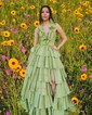 Ball Gown Halter Taffeta Backless Ruffle Tiered Prom Dresses