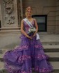 Ball Gown V-neck Sparkly Sequin Prom Dresses With Appliques