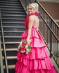 Ball Gown Halter Taffeta Backless Ruffle Tiered Prom Dresses