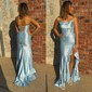Sheath/Column Strapless Satin Beaded Prom Dresses With Ruffle