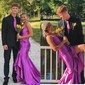 Sheath/Column V-neck Satin Corset Prom Dresses With Bow