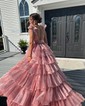 Ball Gown V-neck Tulle Ruffle Tiered Prom Dresses