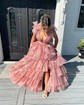 Ball Gown V-neck Tulle Ruffle Tiered Prom Dresses