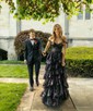 Ball Gown Off-the-shoulder Tulle Tiered Prom Dresses With Appliques