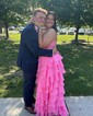 Ball Gown Strapless Chiffon Tiered Prom Dresses With Appliques