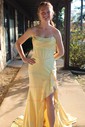 Sheath/Column Strapless Satin Beaded Prom Dresses With Ruffle