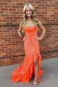 Sheath/Column Strapless Satin Beaded Prom Dresses With Ruffle