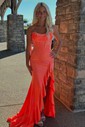 Sheath/Column Strapless Satin Beaded Prom Dresses With Ruffle
