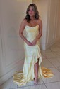 Sheath/Column Strapless Satin Beaded Prom Dresses With Ruffle