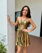 Unique Skater Metallic Pleated Cut Out Homecoming Dresses