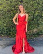 Sheath/Column V-neck Satin Corset Prom Dresses With Bow