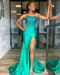Sheath/Column Strapless Satin Corset Prom Dresses With Beading