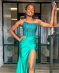 Sheath/Column Strapless Satin Corset Prom Dresses With Beading