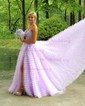 Ball Gown Strapless Tulle Tiered Prom Dresses With Appliques