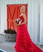 Ball Gown Off-the-shoulder Tulle Tiered Prom Dresses With Appliques