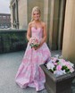 Ball Gown Strapless Satin Floral Prom Dresses With Ruched