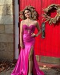 Sheath/Column Strapless Satin Cut Out Prom Dresses With Appliques