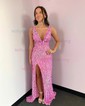 Sheath/Column V-neck Backless Sparkly Sequin Prom Dresses