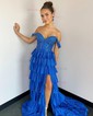 Ball Gown Off-the-shoulder Satin Tiered Prom Dresses With Beading
