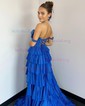 Ball Gown Off-the-shoulder Satin Tiered Prom Dresses With Beading