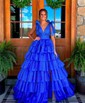 Ball Gown V-neck Tulle Ruffle Tiered Prom Dresses