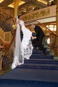 Trumpet/Mermaid V-neck Stretch Crepe Sweep Train Wedding Dresses With Appliques Lace